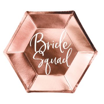 Papír tányér, rosegold, Bride squad, d23cm, 6db/cs