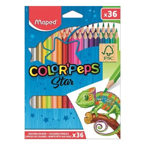 Színes ceruza készlet, háromszögletű, MAPED "Color'Peps Star", 36 különböző szín