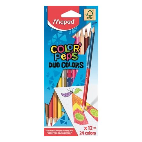 Színes ceruza készlet, kétvégű, háromszögletű, MAPED "Color'Peps Duo", 24 különböző szín