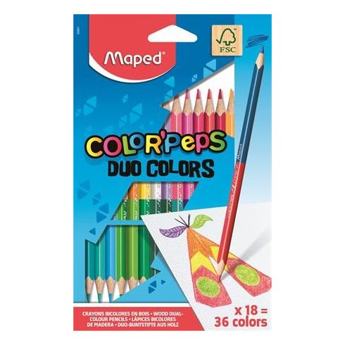 Színes ceruza készlet, háromszögletű, kétvégű, MAPED "Color'Peps Duo", 36 különböző szín