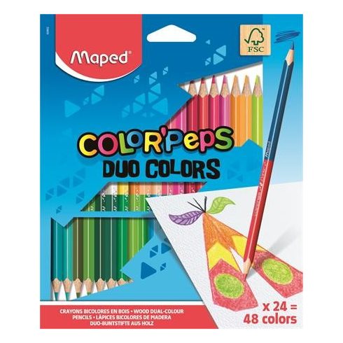 Színes ceruza készlet, háromszögletű, kétvégű, MAPED "Color'Peps Duo", 48 különböző szín