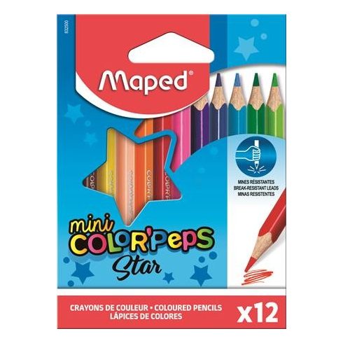 Színes ceruza készlet, háromszögletű, MAPED "Color'Peps Star Mini", 12 különböző szín