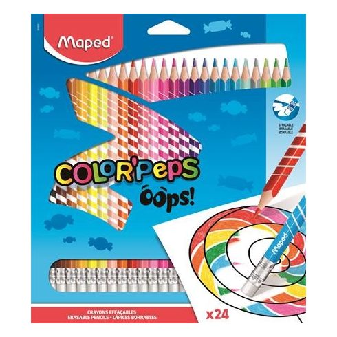 Színes ceruza készlet, háromszögletű, radírozható, MAPED "Color'Peps Oops", 24 különböző s...