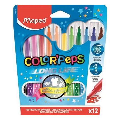 Filctoll készlet, 1-3,6 mm, kimosható, MAPED "Color'Peps Long Life", 12 különböző szín