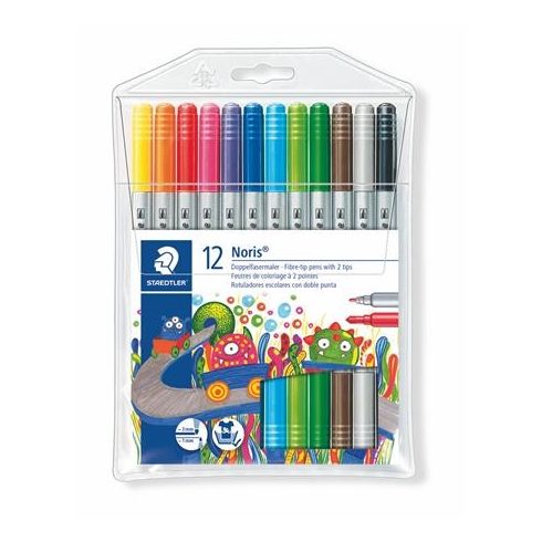 Filctoll készlet, 1-3 mm, kétvégű, kimosható, STAEDTLER "Noris® 320", 12 különböző szín